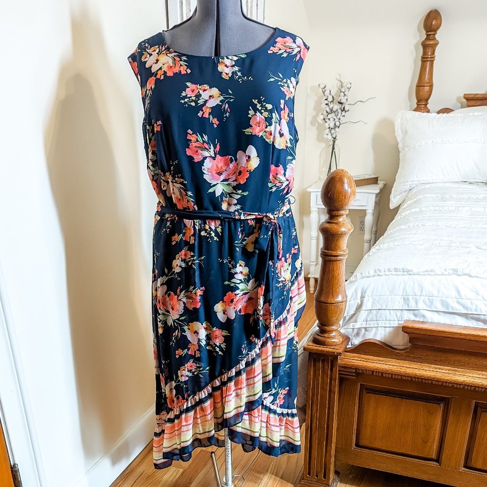 ~*Sandra Darren Navy Yellow and Peach Ruffle Dress - Size 20*~
